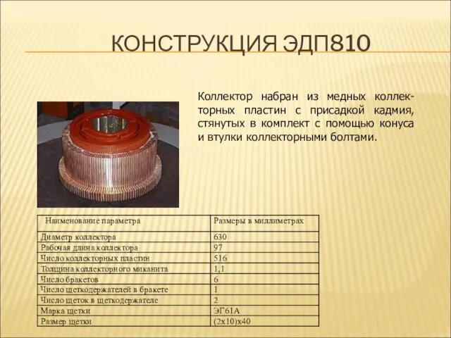 КОНСТРУКЦИЯ ЭДП810 Коллектор набран из медных коллек-торных пластин с присадкой кадмия,