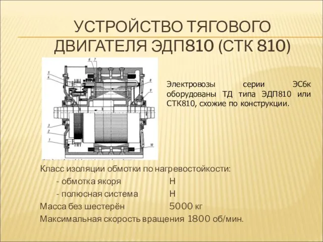 УСТРОЙСТВО ТЯГОВОГО ДВИГАТЕЛЯ ЭДП810 (СТК 810) Класс изоляции обмотки по нагревостойкости: