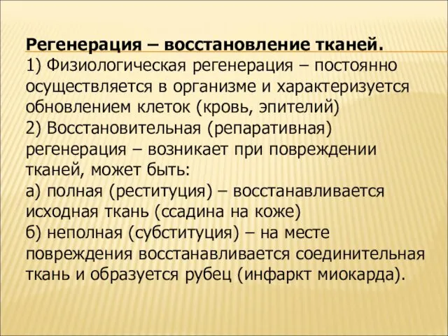 Регенерация – восстановление тканей. 1) Физиологическая регенерация – постоянно осуществляется в