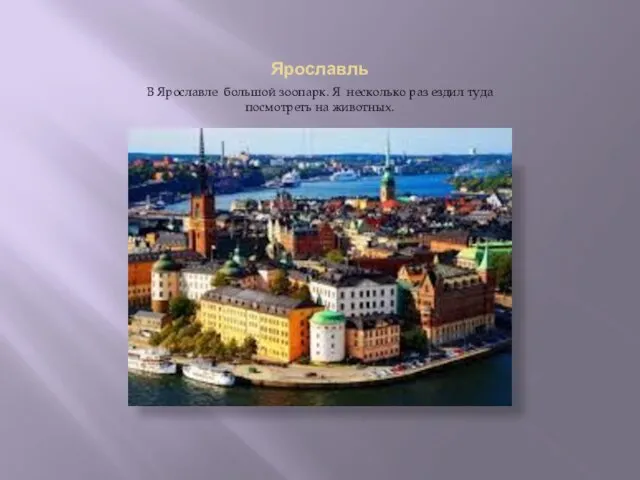 Ярославль В Ярославле большой зоопарк. Я несколько раз ездил туда посмотреть на животных.