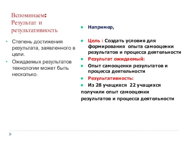 Вспоминаем: Результат и результативность Степень достижения результата, заявленного в цели. Ожидаемых