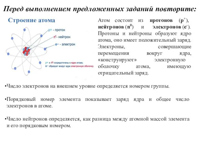 Перед выполнением предложенных заданий повторите: Строение атома Атом состоит из протонов