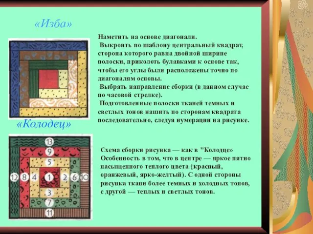 «Изба» Наметить на основе диагонали. Выкроить по шаблону центральный квадрат, сторона