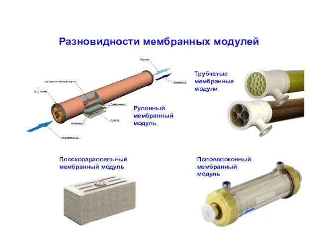 Разновидности мембранных модулей Трубчатые мембранные модули Рулонный мембранный модуль Половолоконный мембранный модуль Плоскопараллельный мембранный модуль