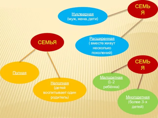Нуклеарная (муж, жена, дети) Расширенная ( вместе живут несколько поколений) Многодетная