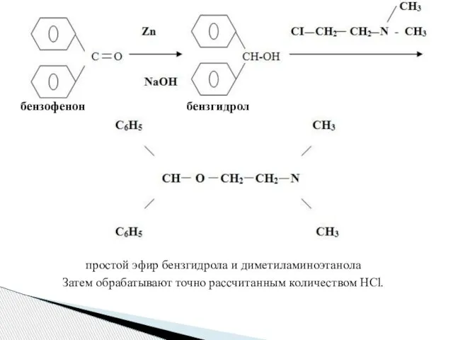 бензофенон бензгидрол простой эфир бензгидрола и диметиламиноэтанола Затем обрабатывают точно рассчитанным количеством HCl.