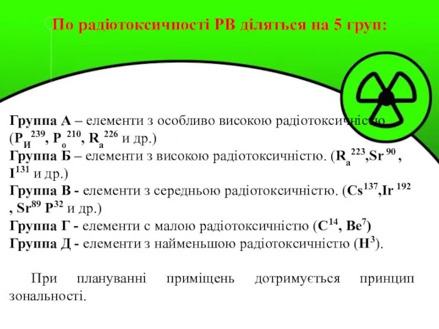 По радіотоксичності РВ діляться на 5 груп: Группа А – елементи