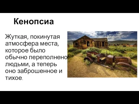 Кенопсиа Жуткая, покинутая атмосфера места, которое было обычно переполнено людьми, а теперь оно заброшенное и тихое.