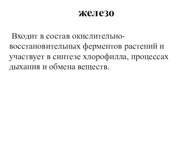 железо Входит в состав окислительно-восстановительных ферментов растений и участвует в синтезе