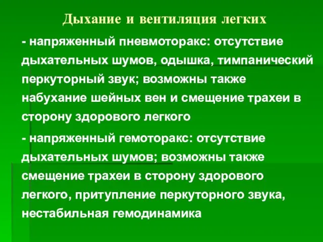 Дыхание и вентиляция легких - напряженный пневмоторакс: отсутствие дыхательных шумов, одышка,