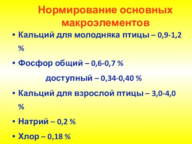 Нормирование основных макроэлементов Кальций для молодняка птицы – 0,9-1,2 % Фосфор