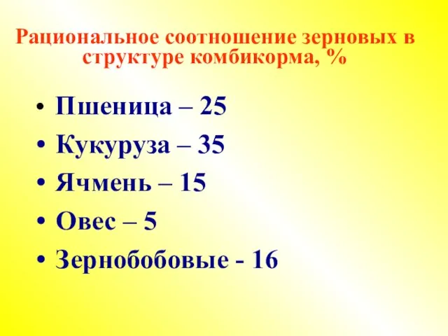 Рациональное соотношение зерновых в структуре комбикорма, % Пшеница – 25 Кукуруза