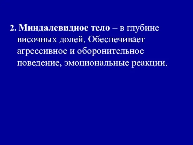 2. Миндалевидное тело – в глубине височных долей. Обеспечивает агрессивное и оборонительное поведение, эмоциональные реакции.