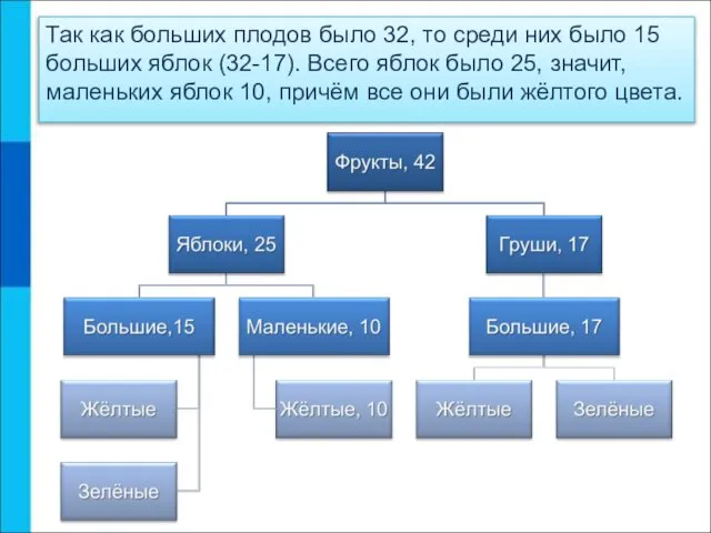 Так как больших плодов было 32, то среди них было 15