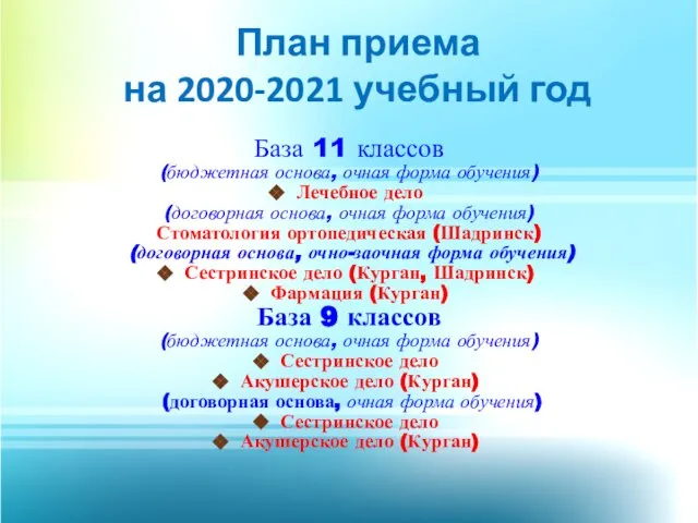 План приема на 2020-2021 учебный год База 11 классов (бюджетная основа,