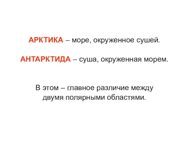 АРКТИКА – море, окруженное сушей. АНТАРКТИДА – суша, окруженная морем. В