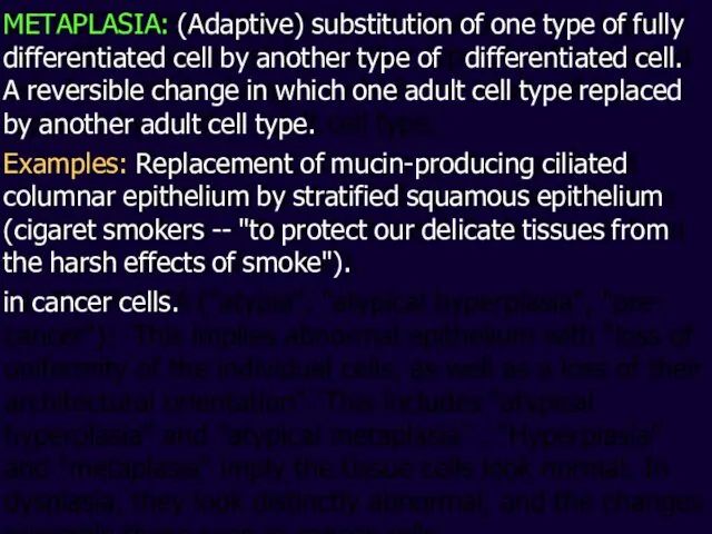 METAPLASIA: (Adaptive) substitution of one type of fully differentiated cell by