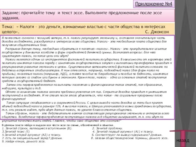 Приложение №4 Задание: прочитайте тему и текст эссе. Выполните предложенные после