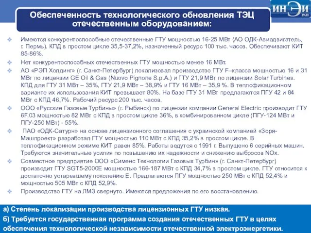 Обеспеченность технологического обновления ТЭЦ отечественным оборудованием: Имеются конкурентоспособные отечественные ГТУ мощностью