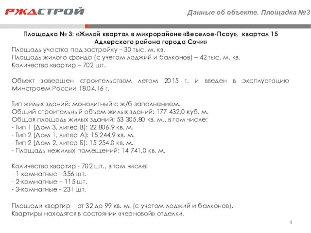 Данные об объекте. Площадка №3 Площадка № 3: «Жилой квартал в