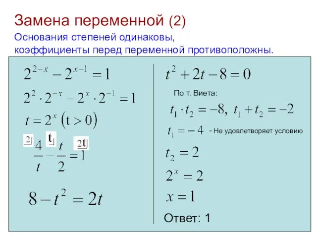 Замена переменной (2) Основания степеней одинаковы, коэффициенты перед переменной противоположны. По