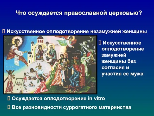 Что осуждается православной церковью? Искусственное оплодотворение незамужней женщины Искусственное оплодотворение замужней