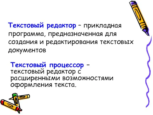 Текстовый редактор – прикладная программа, предназначенная для создания и редактирования текстовых