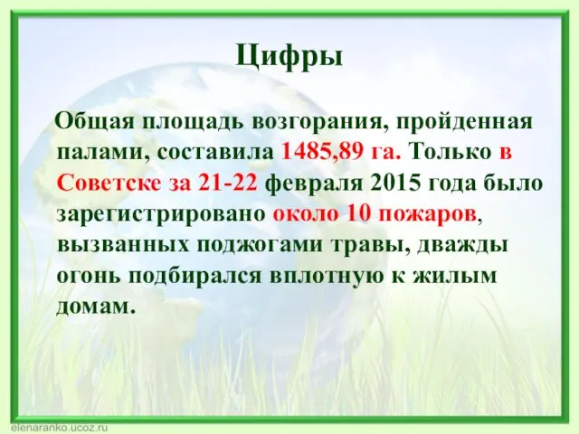 Цифры Общая площадь возгорания, пройденная палами, составила 1485,89 га. Только в