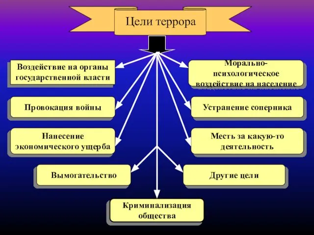 Цели террора Морально-психологическое воздействие на население Провокация войны Устранение соперника Нанесение