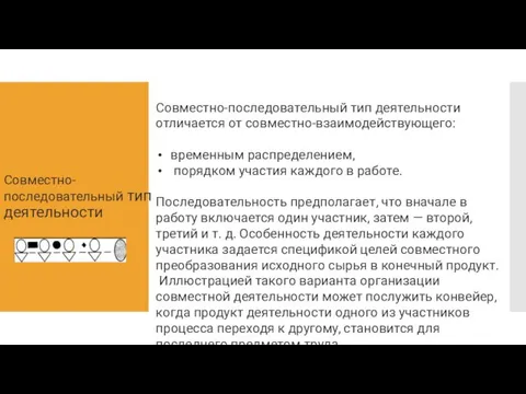 Совместно-последовательный тип деятельности Совместно-последовательный тип деятельности отличается от совместно-взаимодействующего: временным распределением,