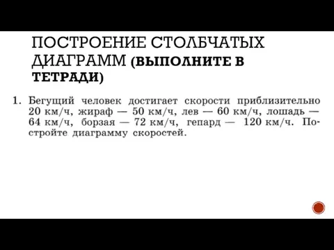 ПОСТРОЕНИЕ СТОЛБЧАТЫХ ДИАГРАММ (ВЫПОЛНИТЕ В ТЕТРАДИ)