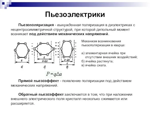 Пьезоэлектрики Пьезополяризация - вынужденная поляризация в диэлектриках с нецентросимметричной структурой, при