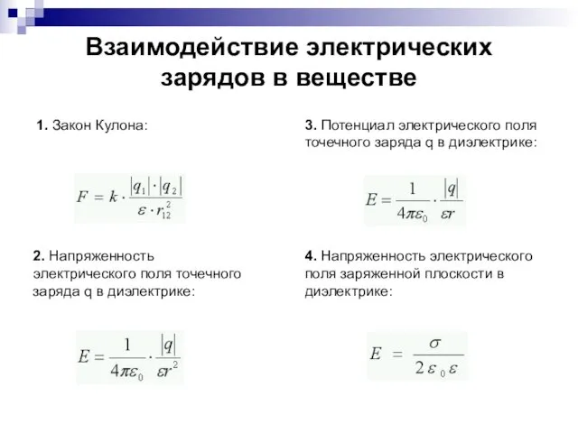 Взаимодействие электрических зарядов в веществе 1. Закон Кулона: 2. Напряженность электрического