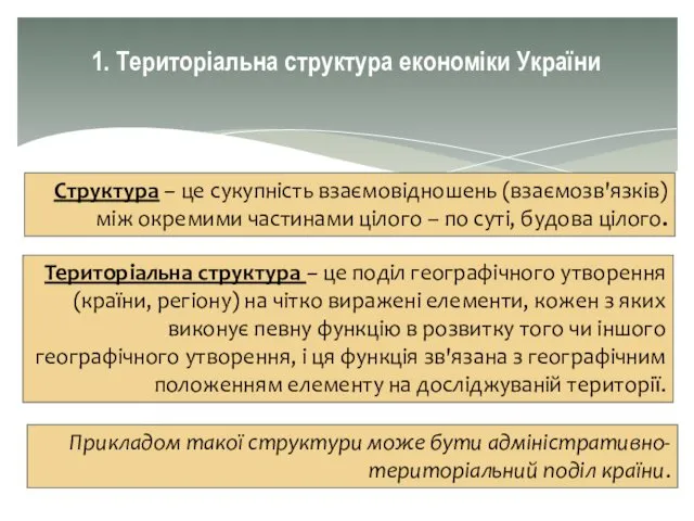 1. Територіальна структура економіки України Структура – це сукупність взаємовідношень (взаємозв'язків)