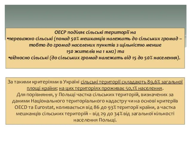 OEСР поділяє сільські території на переважно сільські (понад 50% мешканців належать