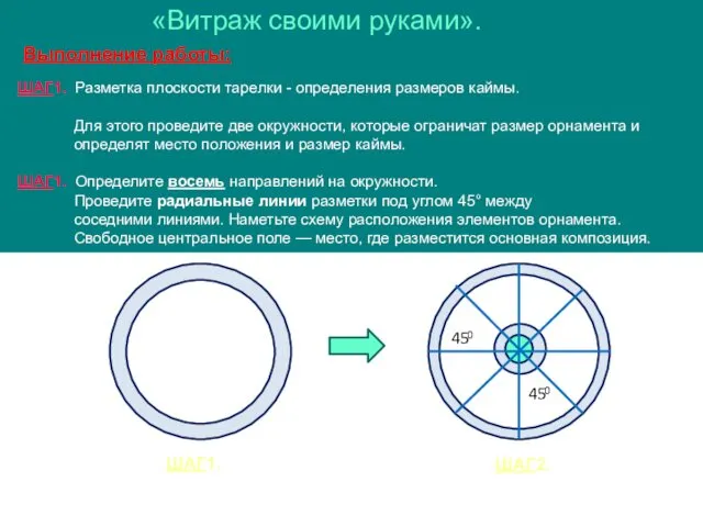 ШАГ1. Разметка плоскости тарелки - определения размеров каймы. Для этого проведите