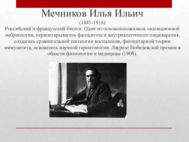 Мечников Илья Ильич (1845-1916) Российский и французский биолог. Один из основоположников