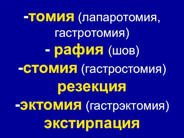 -томия (лапаротомия, гастротомия) - рафия (шов) -стомия (гастростомия) резекция -эктомия (гастрэктомия) экстирпация