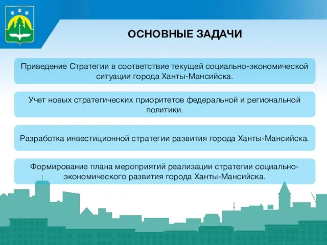 ОСНОВНЫЕ ЗАДАЧИ Приведение Стратегии в соответствие текущей социально-экономической ситуации города Ханты-Мансийска.