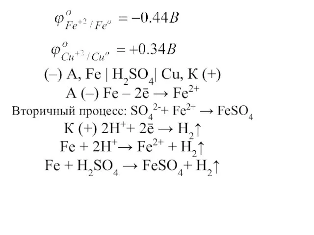 (–) А, Fe | H2SO4| Cu, К (+) А (–) Fe