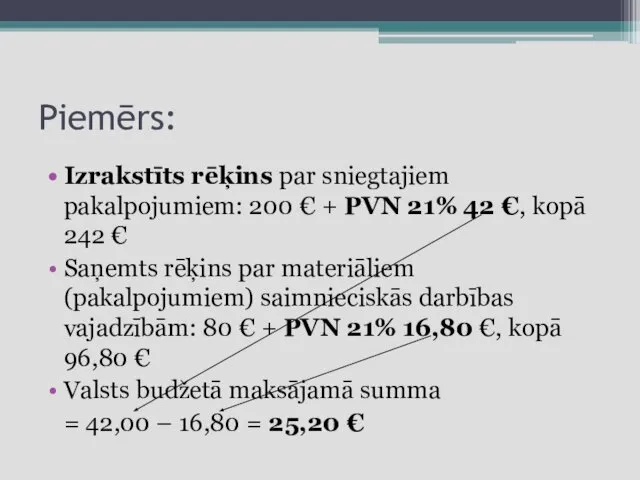 Piemērs: Izrakstīts rēķins par sniegtajiem pakalpojumiem: 200 € + PVN 21%