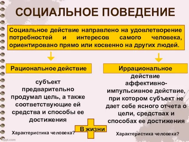 Социальное действие направлено на удовлетворение потребностей и интересов самого человека, ориентировано