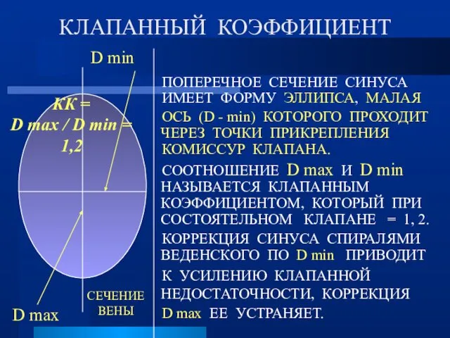 КЛАПАННЫЙ КОЭФФИЦИЕНТ ПОПЕРЕЧНОЕ СЕЧЕНИЕ СИНУСА ИМЕЕТ ФОРМУ ЭЛЛИПСА, МАЛАЯ ОСЬ (D