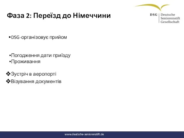 Фаза 2: Переїзд до Німеччини DSG-організовує прийом Погодження дати приїзду Проживання