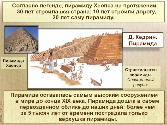 Строительство пирамиды. Современный рисунок Согласно легенде, пирамиду Хеопса на протяжении 30