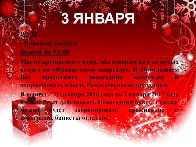 3 ЯНВАРЯ 08:30 - Плотный завтрак. Выезд до 12:00 Мы не