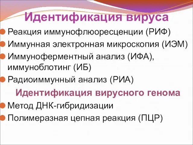 Идентификация вируса Реакция иммунофлюоресценции (РИФ) Иммунная электронная микроскопия (ИЭМ) Иммуноферментный анализ