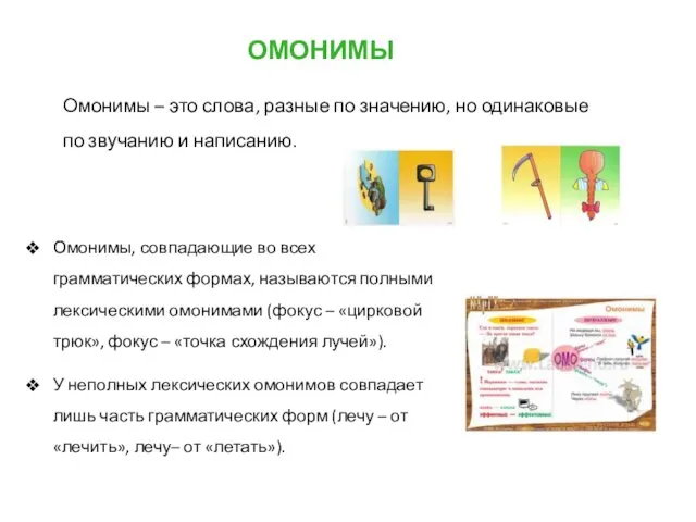 ОМОНИМЫ Омонимы – это слова, разные по значению, но одинаковые по