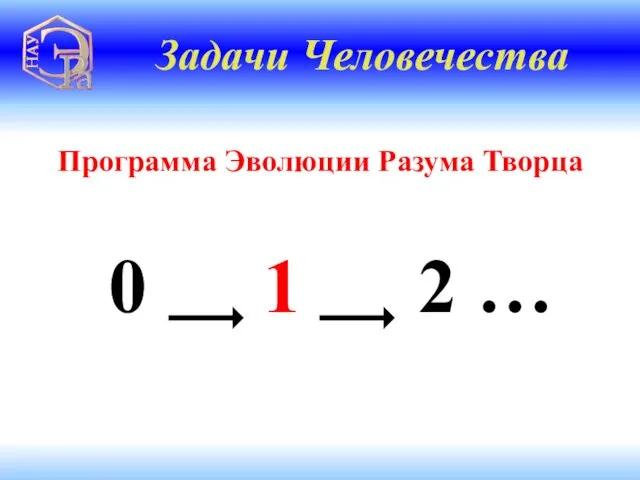 Программа Эволюции Разума Творца 0 1 2 … Задачи Человечества