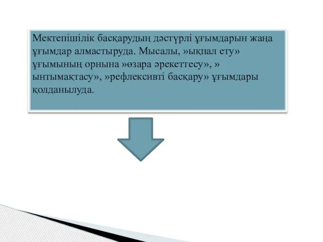 Мектепішілік басқарудың дәстүрлі ұғымдарын жаңа ұғымдар алмастыруда. Мысалы, »ықпал ету» ұғымының